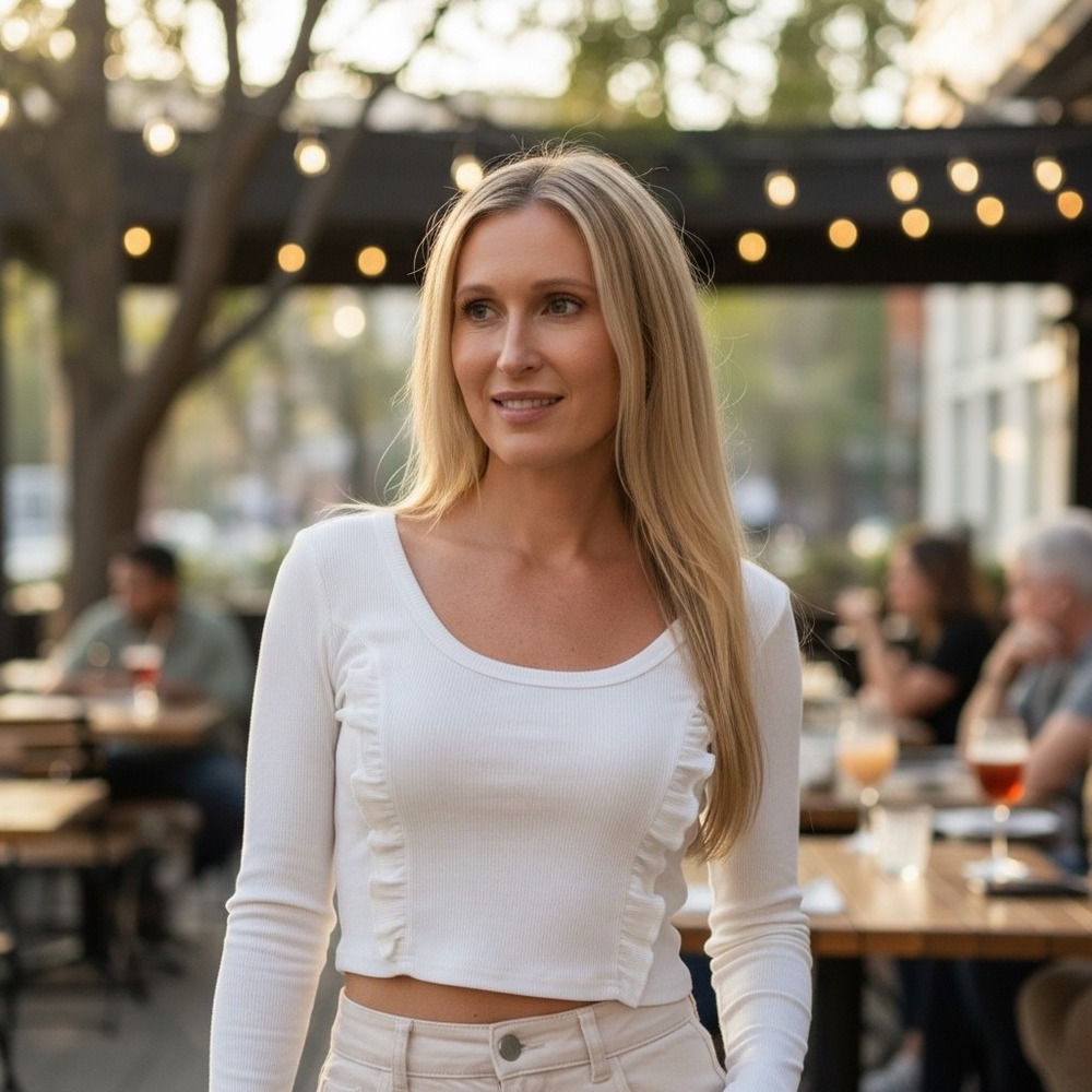 Altar'd State Ribbed Long Sleeve Crop Top Cream‎ Ruched Scoop Neck RE10469 Small